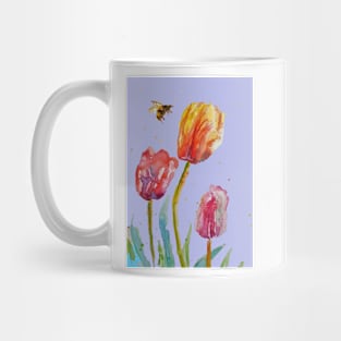 Tulip Flower Watercolor Painting and Bee on Lavender purple Mug